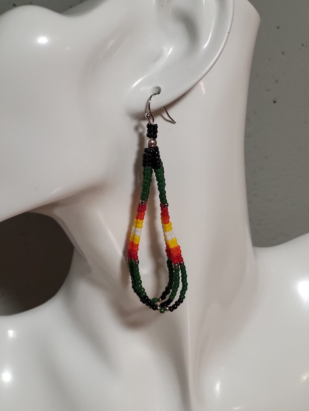 Handmade Multicolor Beaded Loop Earrings -  Black, Green, Red, Yellow, White